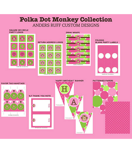 Monkey Polka Dot Birthday Party Printable Collection - Pink Green